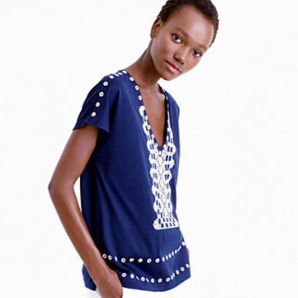 J. Crew Navy White V-neck Embroidered Eyelet Cap Sleeve Top XS